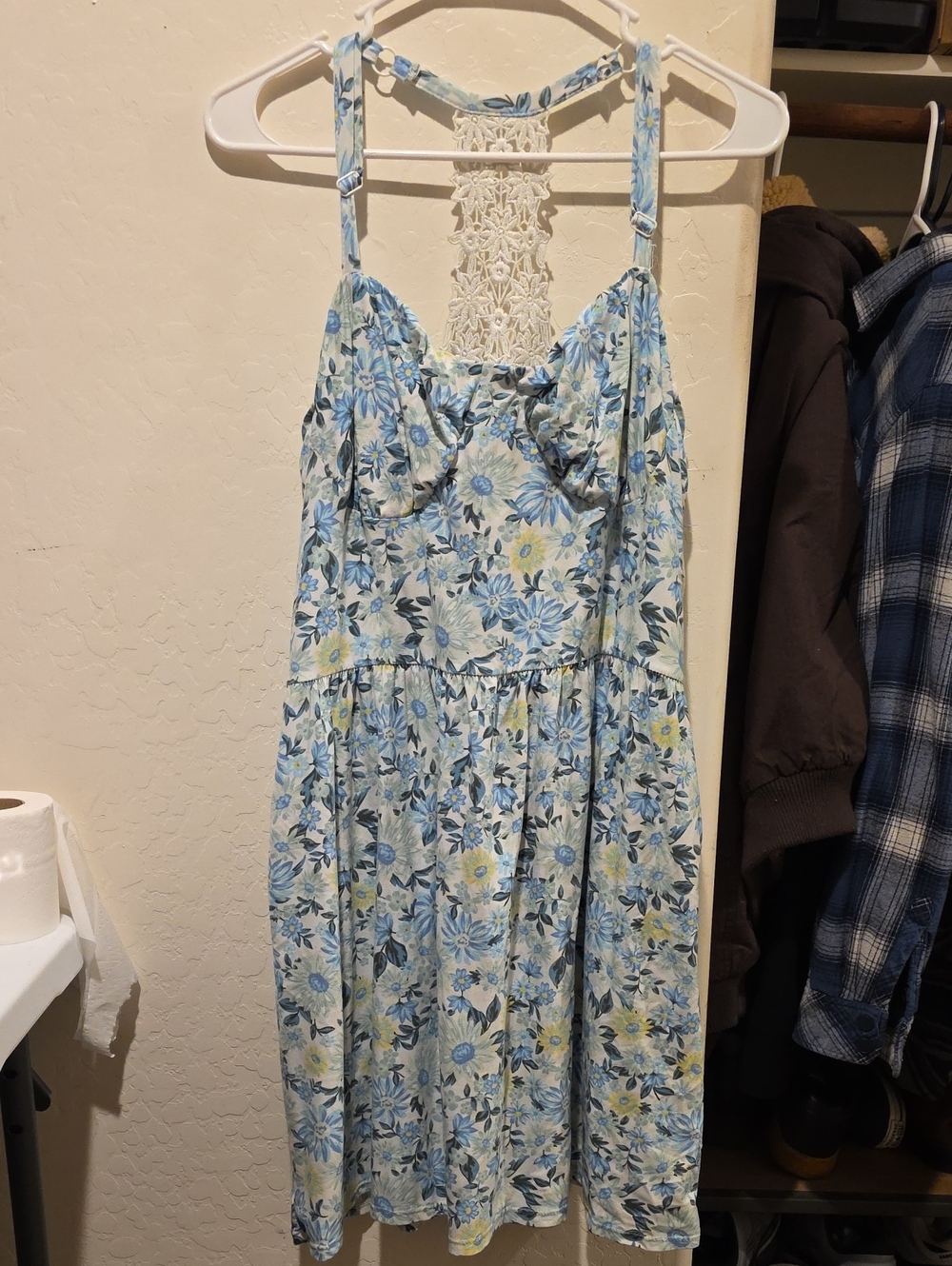 No Boundaries Light Blue Floral Midi Dress with Lace Back